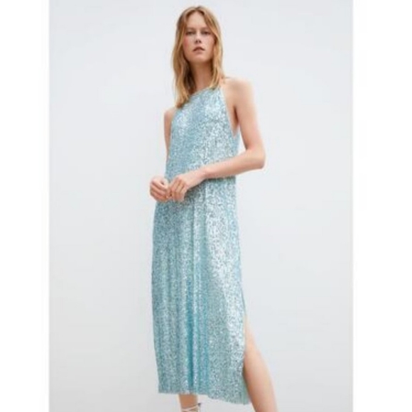 Zara | Dresses | Zara Sequin Halter Dress 287832 Blue Size S Small Nwt |  Poshmark